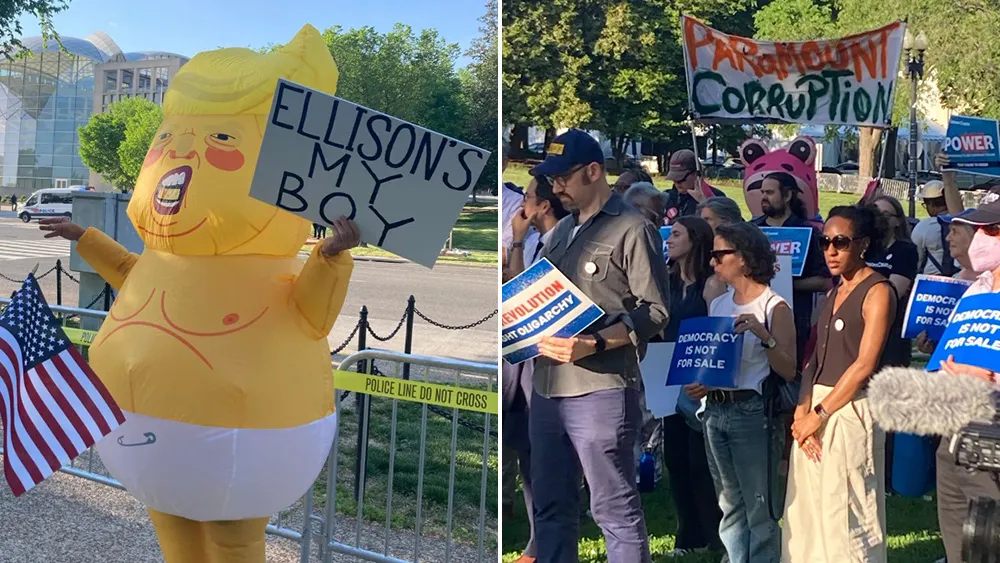 Merger Opponents Rally Outside David Ellison’s Dinner For Donald Trump’s White House